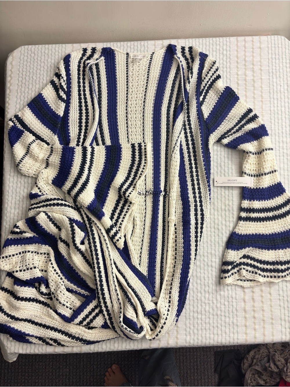 VENUS Blue, White & Black Stripe Crochet Open Cardigan